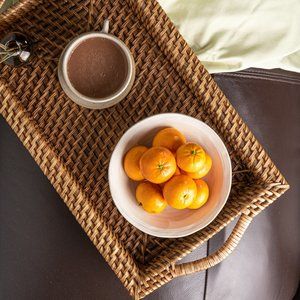 Handmade Rectangular Woven Fruits Basket, Wooden Rattan Bread Tray, Storage Bask